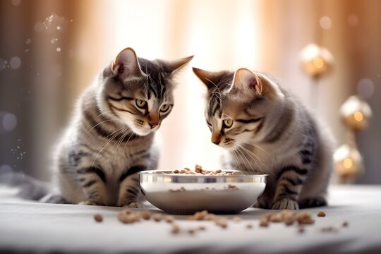 仲良く餌を食べる2匹の猫　with generative ai