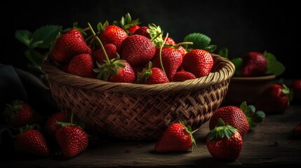 Closeup Fresh Red Strawberries in a bamboo basket with blur background
