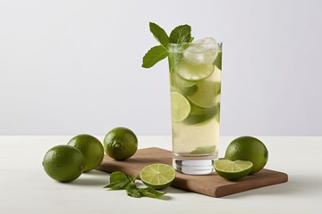 refreshing limeade drink in a tall glass with sliced limes on top