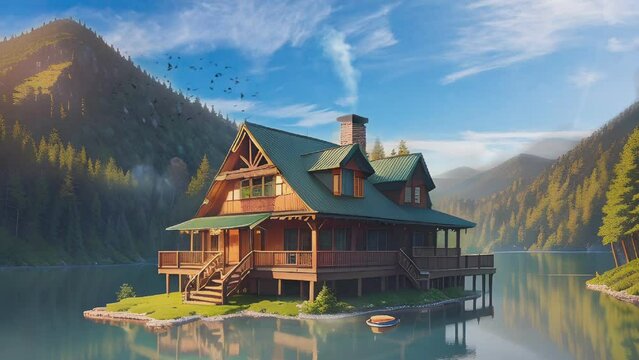 Peaceful fantasy nature landscape background. Traditional house on a beautiful lake with calm waters. Animation with anime or Japanese cartoon acrylic painting style that repeats over and over again.