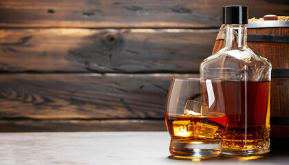 Scotch whiskey bottle, glass and old wooden barrel. With copy space