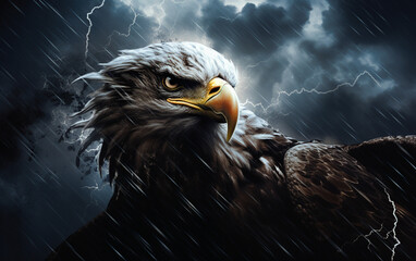 A close-up of an eagle in a storm