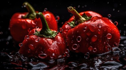 Closeup Red Pepper hit by splashes of water with black blur background