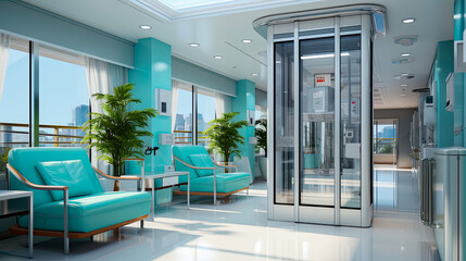 The interiors of the lobby of a medical center or a modern hospital facility. AI generated