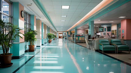 Interior of corridor of modern medical center, natural lighting. Hospital project idea. AI generated