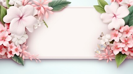 Naklejka na ściany i meble Floral border frame card template. multicolor flowers, leaves, for banner, wedding card. Springtime composition with copy-space, Generative AI illustration