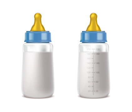 3d realistic vector icon illustration set. Baby boy bottle blue set. Isolated.