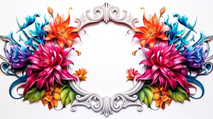 Obraz premium Floral border frame card template. multicolor flowers, leaves, for banner, wedding card. Springtime composition with copy-space, Generative AI illustration