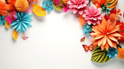 Floral border frame card template. multicolor flowers, leaves, for banner, wedding card. Springtime composition with copy-space, Generative AI illustration