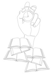 One continuous line of Book with Alarm Clock. Thin Line Educational Illustration vector concept. Contour Drawing Creative ideas for time to learn.