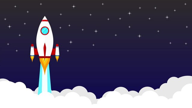 Animation of flat style rocket launch in the night sky flying over clouds. Space ship in smoke clouds. Business and Start up with copy space concept template