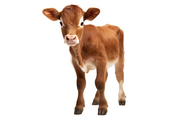 A young calf with a brown chestnut color is facing the camera. It is positioned against a transparent background, separated and has empty space available for text placement.