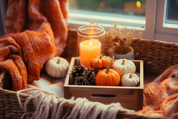 Fototapeta na wymiar Cozy Autumn Vibes Pumpkins, Cones, and Candles on a Wooden Tray, Blurred Fall Mood Message on Lightbox, Warm Plaid on the Windowsill. created with Generative AI