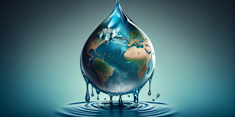 A drop of water with the continents of the planet Earth symbolically depicted right on it, close-up and on a blue background. Generative AI