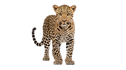 Image of a leopard standing and gazing directly at the camera, Panthera pardus, set against a plain transparent background.