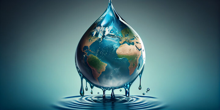 A drop of water with the continents of the planet Earth symbolically depicted right on it, close-up and on a blue background. Generative AI