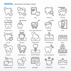 Dental icon set - Editable stroke. Pixel perfect vector, Thin line Icons. Same as Check up, Cleaning, Dental Crown, Fill Teeth, Root Canel Treatment, Scaling, X ray, Take Out, Falling Teeth, Overlappi