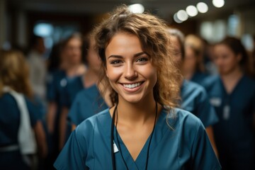 Happy young nurse in uniform with medical team behind Successful team of doctors and nurses smiling Beautiful and satisfied medical staff in private clinic looking at camera