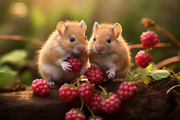 Cute Little Hamsters Eating Berry Fruit on a Tree Branch with Nature Background at Morning