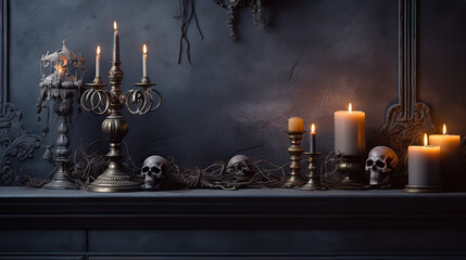 Enigmatic Halloween Emanations Mystical Still-Life Background with Skull, Candlestick, and Old Fireplace. created with Generative AI