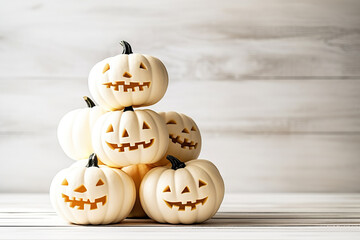 Ghostly Elegance Stack of White Pumpkin Ghosts on a White Wooden Background for Halloween Delight. created with Generative AI