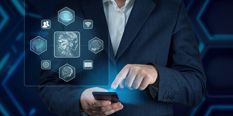 AI, Chat bot and future marketing concept, businessman hand holding cellphone, smartphone with ai infographic. Artificial intelligence concept