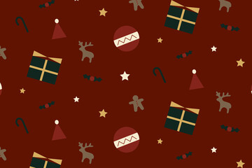 Cute flat design Christmas decoration seamless pattern with ornaments stars gifts reindeers gingerbread man and holly in red background. greeting card invitation new year happy holiday