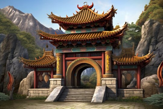 traditional Chinese architecture with mountainous landscape in the background