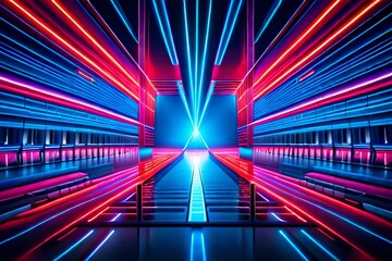Red and blue neon laser beams of light flash and shine. Festive concert club and music hall abstract 3D illustration for pop, rock, rap music performance. Colorful design overlay.