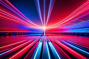 Red and blue neon laser beams of light flash and shine. Festive concert club and music hall abstract 3D illustration for pop, rock, rap music performance. Colorful design overlay. Abstract background.