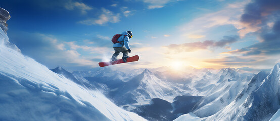 Naklejka na ściany i meble a person on a snowboard jumping a snowy mountain Generated by AI