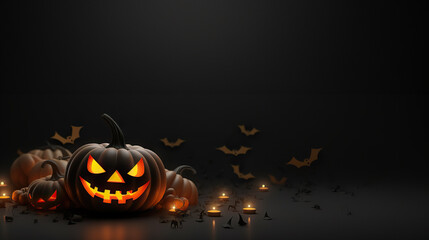 Spooktacular Delights: Happy Halloween Banner with Realistic 3D Black Pumpkins, Cut Scary Smiles, and Flying Bats. created with Generative AI