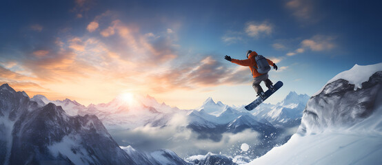 Naklejka na ściany i meble a man snowboards over some mountains during sunset Generated by AI