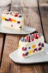 Delicious cake on plate on brown wooden table 