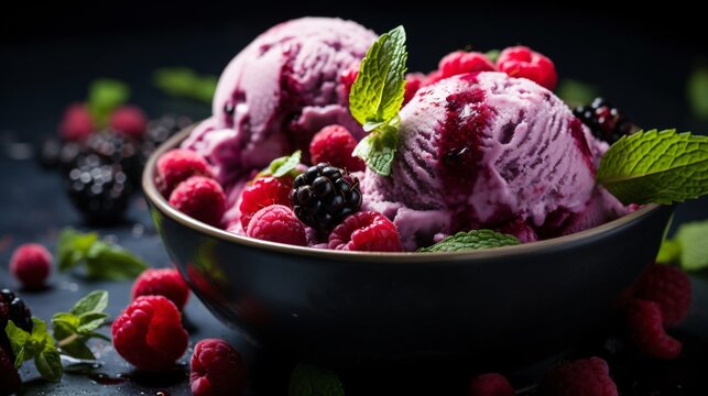 Gourmet summer dessert of artisanal or craft ice cream made with fresh berries, macaroons, coffee beans, pistachio nuts and chocolate served in bowls in a wide angle banner
