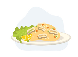 Fried rice with squid or octopus - stir-fried rice with squid, egg . Flat vector cartoon illustration