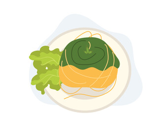 Spaghetti in pesto sauce. Top view. Flat vector cartoon illustration