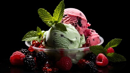 Gourmet summer dessert of artisanal or craft ice cream made with fresh berries, macaroons, coffee beans, pistachio nuts and chocolate served in bowls in a wide angle banner