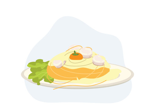 spagetti carbonara with scallop and yalk. Italian pasta dish. Flat vector cartoon illustration