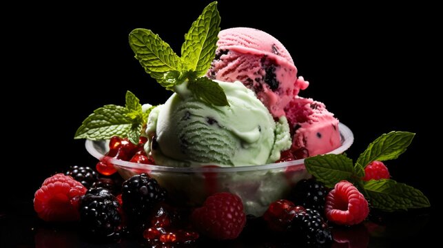 Gourmet summer dessert of artisanal or craft ice cream made with fresh berries, macaroons, coffee beans, pistachio nuts and chocolate served in bowls in a wide angle banner
