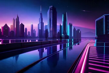 Retro futuristic city flythrough background. 80s sci-fi synthwave landscape in space with stars. Vaporwave stylized VJ 3D illustration for EDM music video, videogame intro. 4K motion design retrowave.