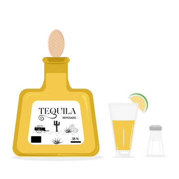 Bottle of tequila reposado accompanied by shot glass frosted with salt. Ideal for Designs, Menus, Invitations, and Packaging. Bottle, shot glass and salt shaker.