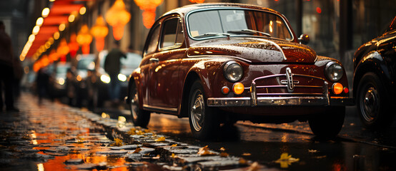 an old fashion car parked along the street in the rain Generated by AI