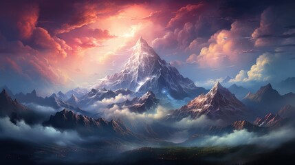 Serene Sunset over Majestic Mountains and Clouds in Nature. Breathtaking sunset over majestic mountains, with beautiful clouds in the sky.