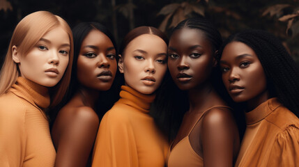 Obraz premium Inclusive Beauty: Diverse Women Embracing Beauty Glamour and Neutral Fashion Campaign Retouched Powerful Generative AI