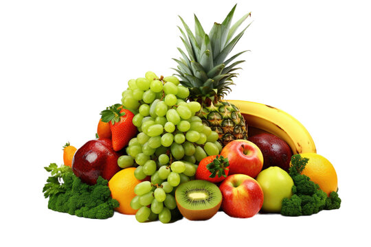 Background information on organic food. Pictures of various fruits and vegetables captured in a professional manner, with a solid transparent background. Space provided for additional content. High