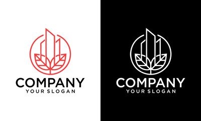Building with nature logo design template. the leaf logo combination with the building represents a real estate property.