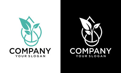 fresh plant logo with water drops in circle shape in simple design style