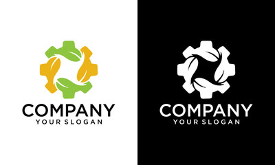Green leaf with gears cogs. Vector logo design template. Abstract concept for ecology theme, green eco energy, technology and industry.