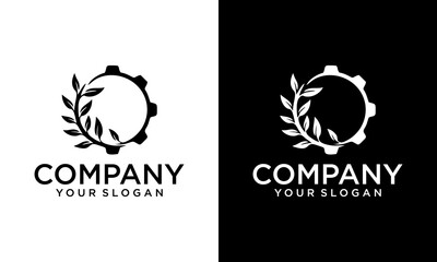 Green leaf with gears cogs. Vector logo design template. Abstract concept for ecology theme, green eco energy, technology and industry.